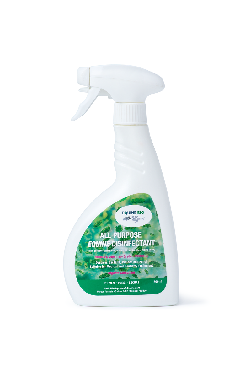 A 500ml white plastic spray bottle of Equine Bio All Purpose Equine Disinfectant with a green and white label, shown on a clean white background.